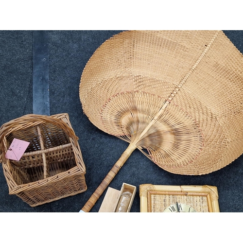 362 - Large vintage palm leaf  woven fan, bottle basket clock and large boxed display cigar