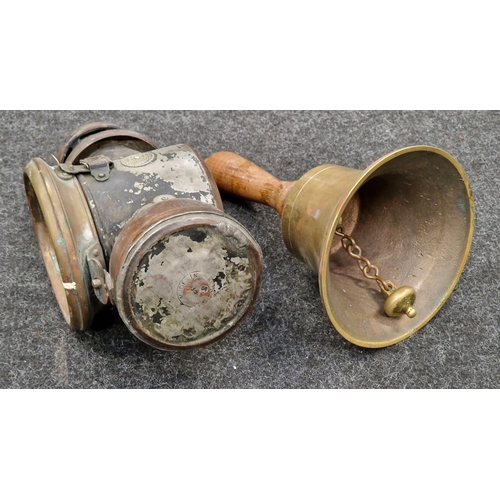 332 - Powell & Hammer vintage railway lantern together with a wooden handled brass school bell (2).