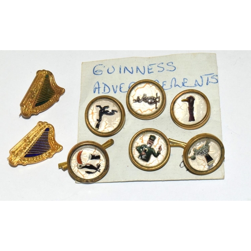 457 - Guiness 6 old advertising buttons and two harp brooches.