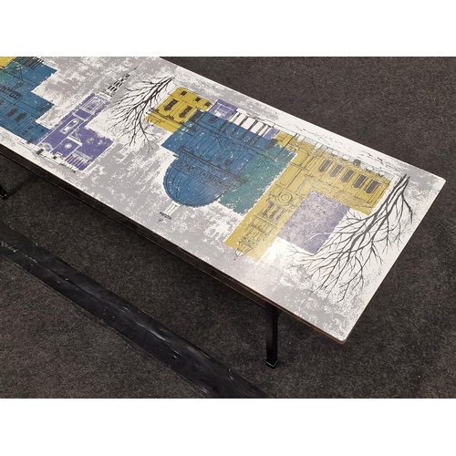 304 - Stylish mid 20th century John Piper 'London Skyline' coffee table manufactured by Myer and retailed ... 