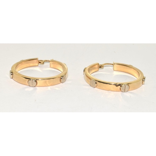 439 - 9ct gold ladies round hoop earrings in the Cartier love style 30mm