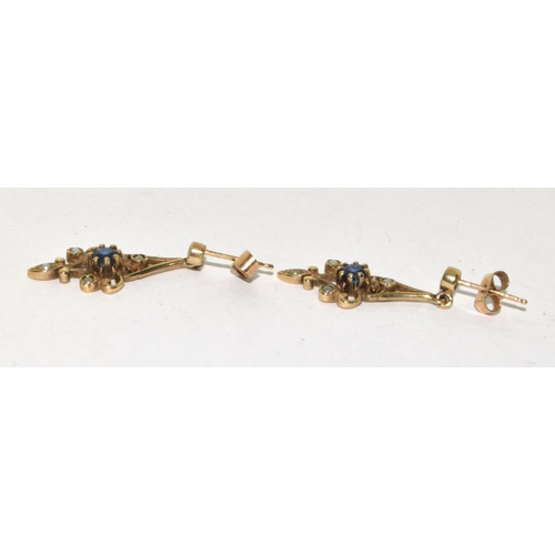 534 - 9ct gold antique Sapphire and Seed Pearl drop earrings 3.3g