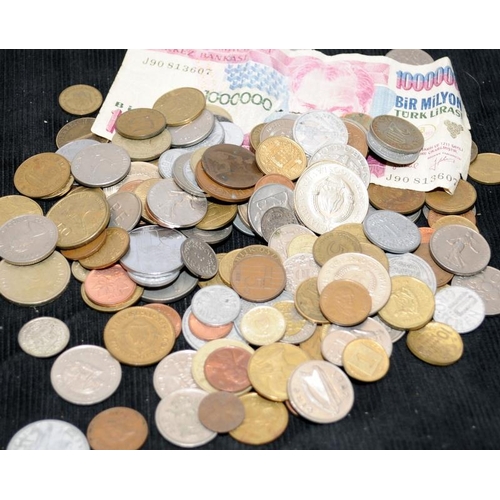 181 - Quantity of foreign coinage including vintage contained within a Veteran series money box with key