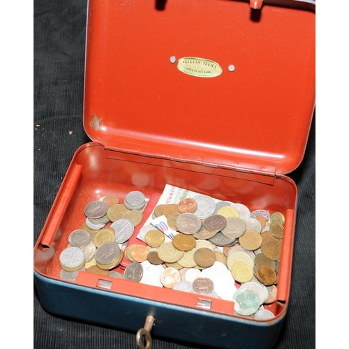 181 - Quantity of foreign coinage including vintage contained within a Veteran series money box with key