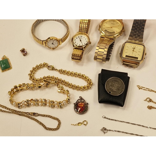 517 - Collection of mixed jewellery and watches to include two 9ct gold chains, silver pocket watch and co... 