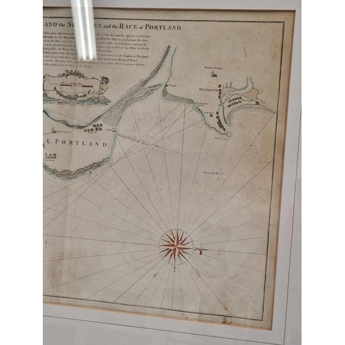 305 - Hand coloured (foldable) chart of Portland, The Shambles and Race of Portland in frame. 81x62cm. Att... 