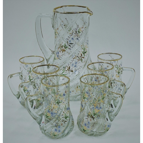 33 - Vintage French mid 20th Century glass lemonade/drink set to include pitcher and six glasses with gil... 