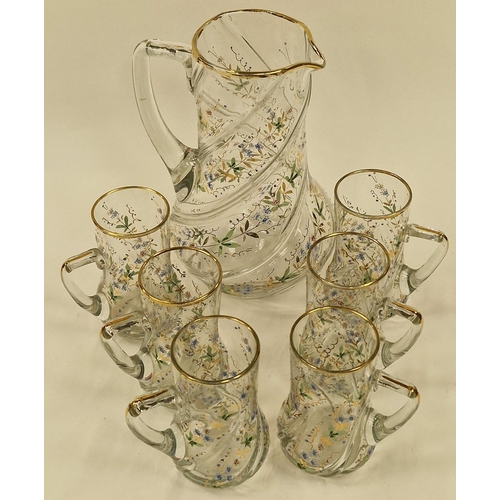 33 - Vintage French mid 20th Century glass lemonade/drink set to include pitcher and six glasses with gil... 