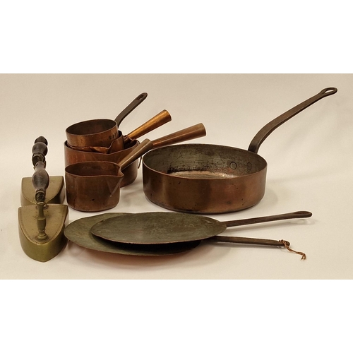 61 - Collection of antique copper and brassware to include saucepans and irons (9).