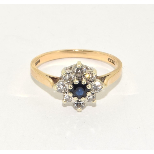 478 - 9ct gold ladies Diamond and Sapphire cluster  ring size M