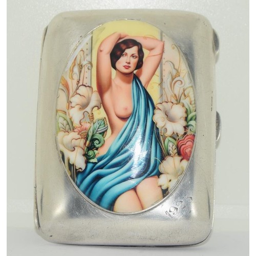 528 - A silver 1923 case with enamel panel depicting a semi nude female.