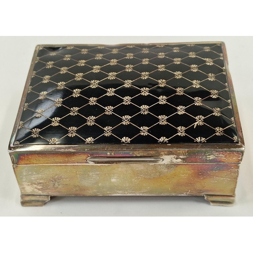 385 - Silver hallmarked wood lined cigarette box with black enamel patterned lid. Birmingham 1957.