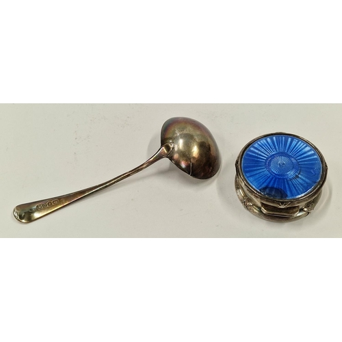 523 - Silver hallmarked pill pot with blue enamel lid London 1905 together with a Georgian silver hallmark... 