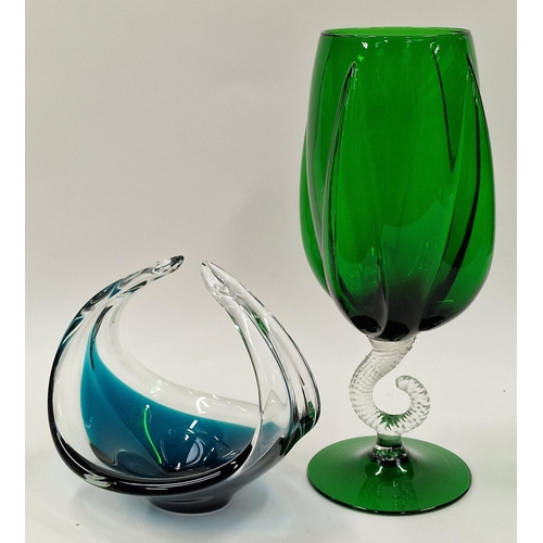 16 - Vintage mid 20th century coloured glassware to include large green stemmed vase and centrepiece bowl... 