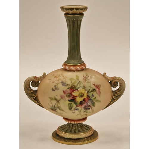 5 - Royal Worchester Two handled long neck cabinet vase with floral decoration 23cm tall 18cm wide 8cm d... 