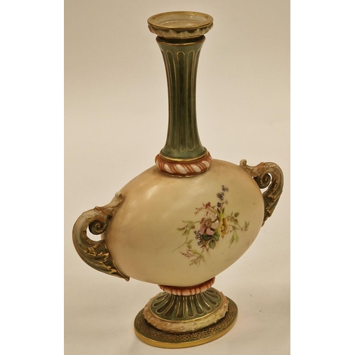 5 - Royal Worchester Two handled long neck cabinet vase with floral decoration 23cm tall 18cm wide 8cm d... 