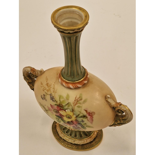 5 - Royal Worchester Two handled long neck cabinet vase with floral decoration 23cm tall 18cm wide 8cm d... 