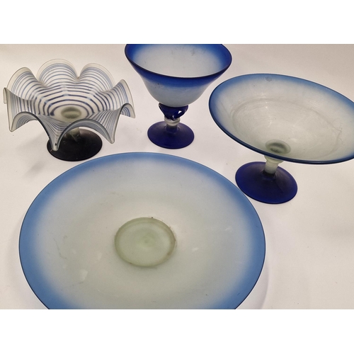 64 - 4 pieces of blue frosted glass including a wave bowl