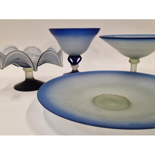 64 - 4 pieces of blue frosted glass including a wave bowl