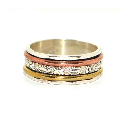 445 - A 925 silver tri colour spinner ring Size S/T