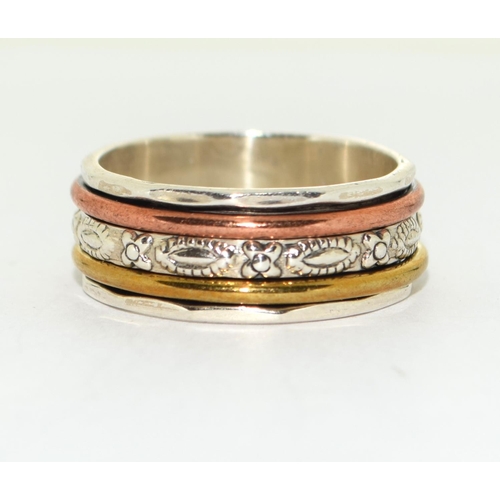 445 - A 925 silver tri colour spinner ring Size S/T