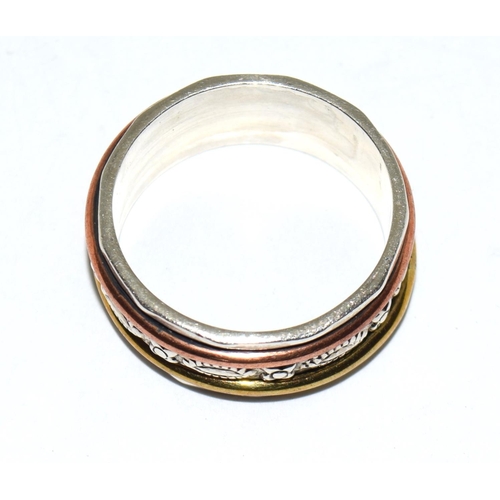 445 - A 925 silver tri colour spinner ring Size S/T