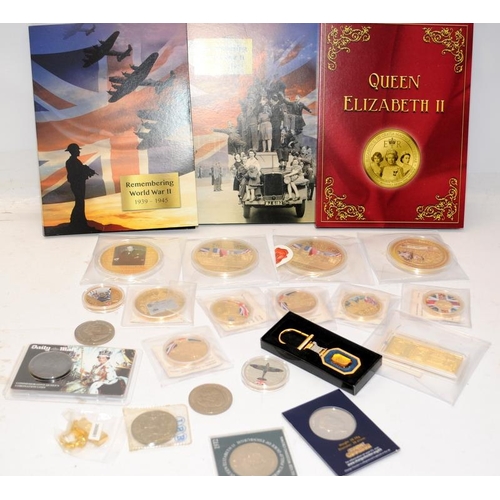 169 - Large collection of colour enhanced gold plated commemorative coins, mainly military and royal theme... 