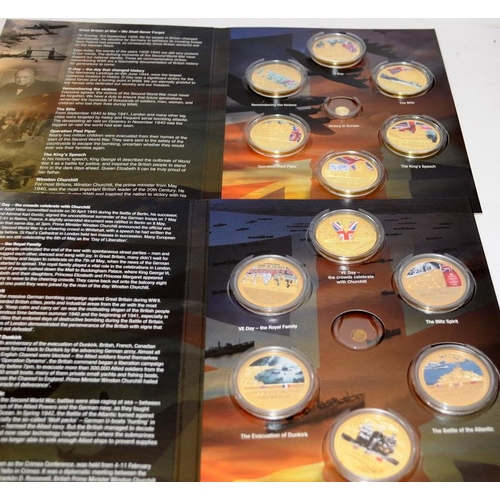 169 - Large collection of colour enhanced gold plated commemorative coins, mainly military and royal theme... 