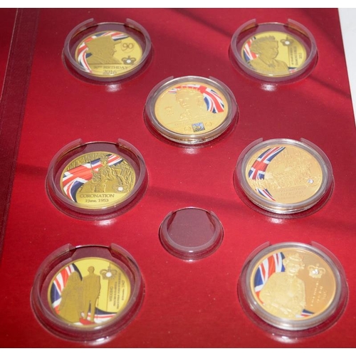 169 - Large collection of colour enhanced gold plated commemorative coins, mainly military and royal theme... 