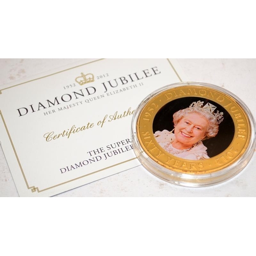 172 - Diamond Jubilee Cook Islands $5 gold plated coin with colour picture enhancement. Large 65mm coin in... 