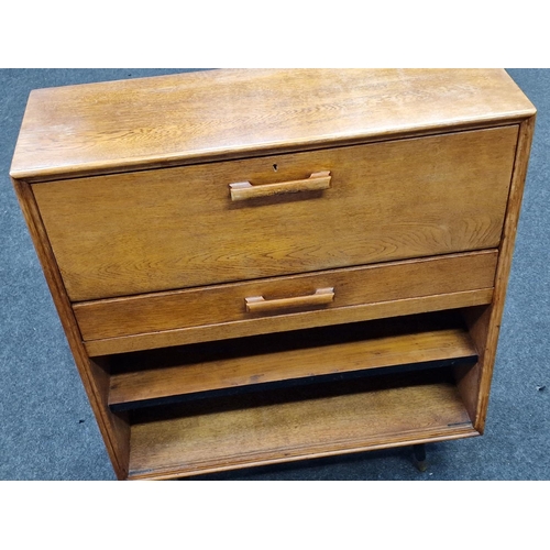 299 - Oak stained hall students bureau with drop down and fitted interior 90x76x26cm