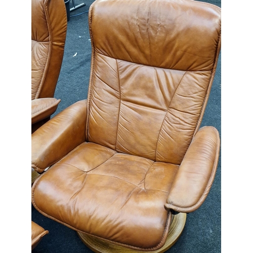 303 - Ekornes Stressless chairs and foot stool in brown leather and side tray need a clean