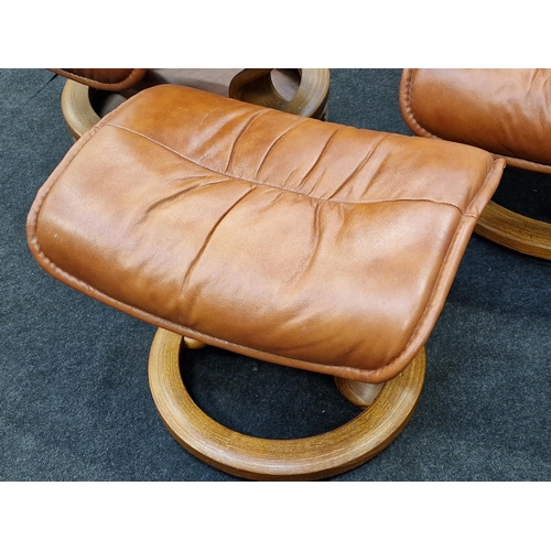 303 - Ekornes Stressless chairs and foot stool in brown leather and side tray need a clean