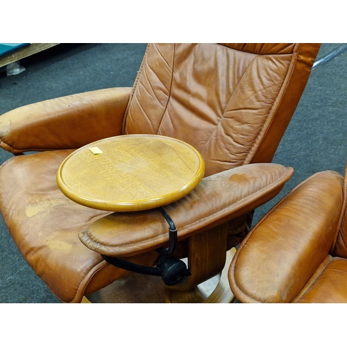 303 - Ekornes Stressless chairs and foot stool in brown leather and side tray need a clean