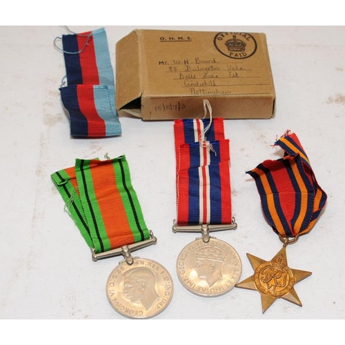 102 - WW2 War Medal, Defence Medal and Burma Star c/w an OHMS dispatch box