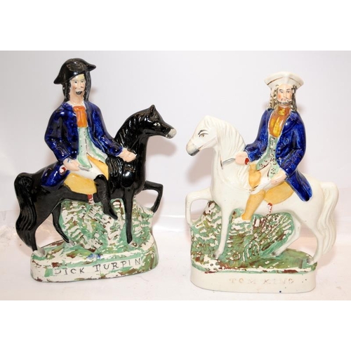 13 - pair of large antique Staffordshire Flatbacks - Dick Turpin and Tom King on horseback. 30cms tall