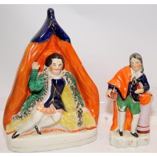 57 - Two antique Staffordshire flatbacks. David Garrick as Richard III, 24cms tall, and thge English poet... 