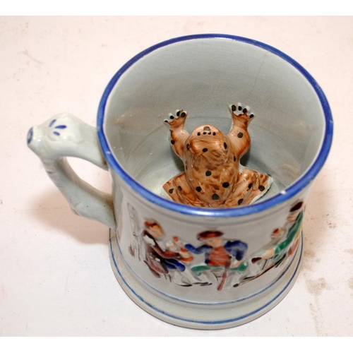 58 - Antique Staffordshire pottery large surprise toad gin mug / tankard. 12cms tall