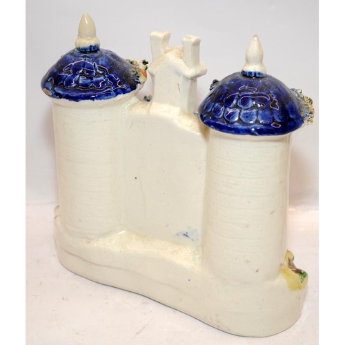 67 - Antique Staffordshire flatback buildings to include castle spill vase and money box. Largest is 18cm... 