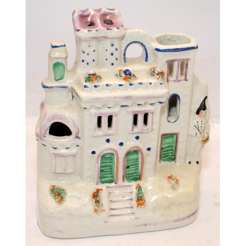 67 - Antique Staffordshire flatback buildings to include castle spill vase and money box. Largest is 18cm... 