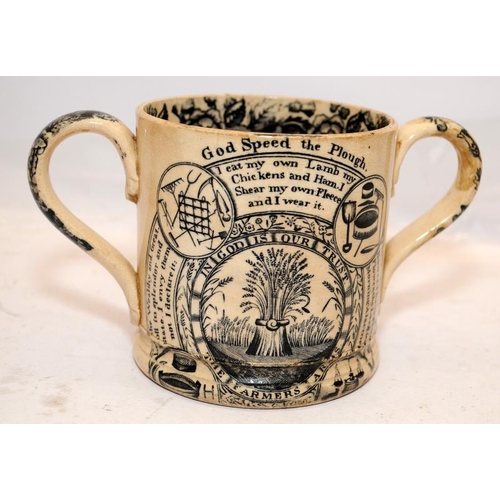 68 - Antique Staffordshire pottery The Farmers Arms loving cup - God Speed the Plough. 10cms tall