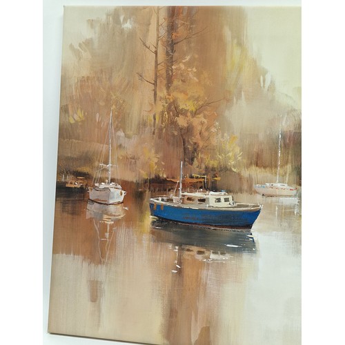 298 - Wilfred Lang: Acrylic on canvas painting of moored boats signed to bottom left 89x59cm.