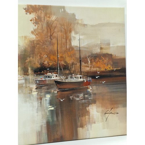 298 - Wilfred Lang: Acrylic on canvas painting of moored boats signed to bottom left 89x59cm.