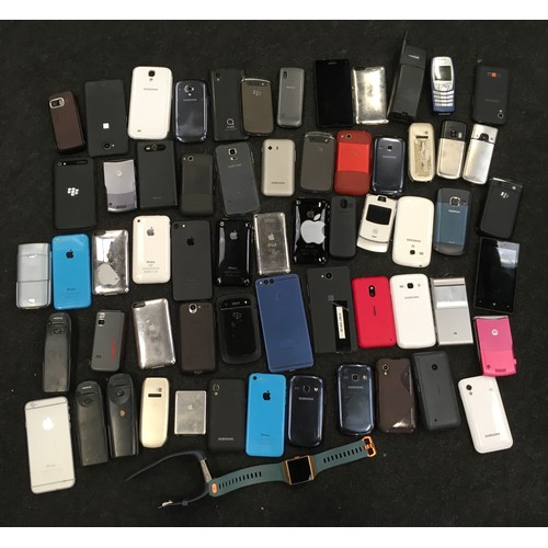 121 - A collection of various mobile phones, iPods and smart watches.