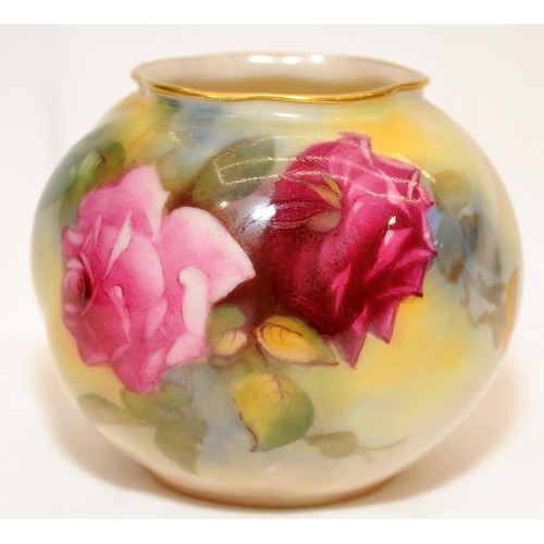 104 - Antique small Royal Worcester blush ivory vase with gilded accents featuring hand painted roses. Sig... 