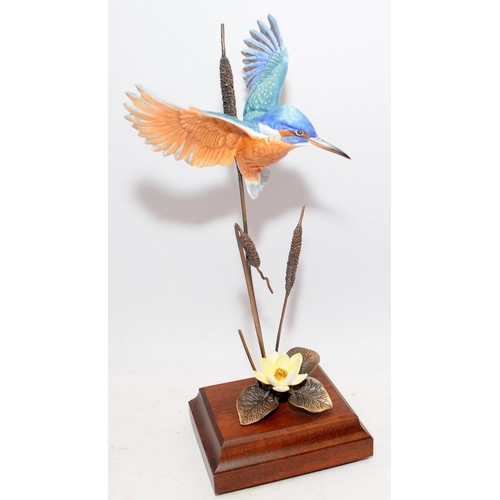 86 - Cold cast bronze figure of a kingfisher amongst bullrushes. Approx 33cms tall including base