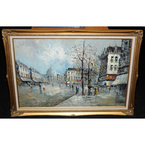 605 - Large framed oil on canvas of a Parisienne autumn street scene. Signed to bottom right corner. O/all... 