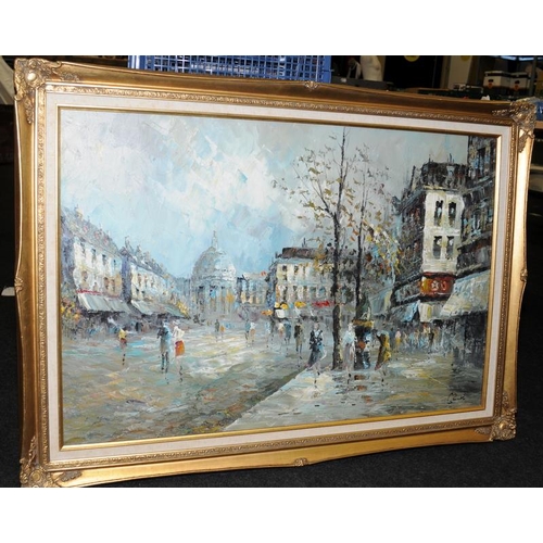 605 - Large framed oil on canvas of a Parisienne autumn street scene. Signed to bottom right corner. O/all... 