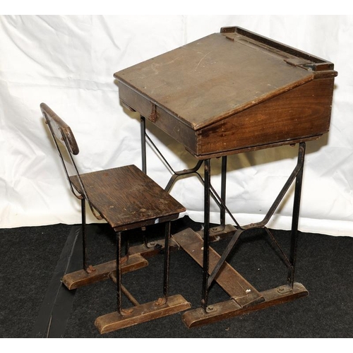 325 - Antique child's school desk c/w seat. Desk 67cms tall