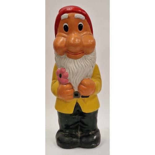 129 - Painted ceramic garden gnome wearing a yellow jacket 46cm tall.